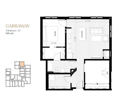 Floor plan for 2 beds, 1 bath, 868 sqft